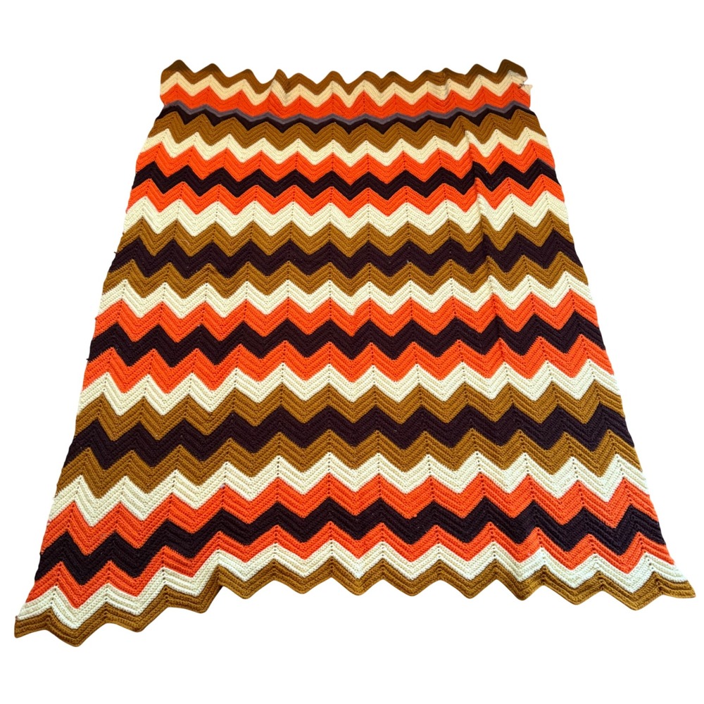 Vtg Crochet Afghan Blanket Zig Zag Chevron Orange Brown Cream Cottagecore Hippie